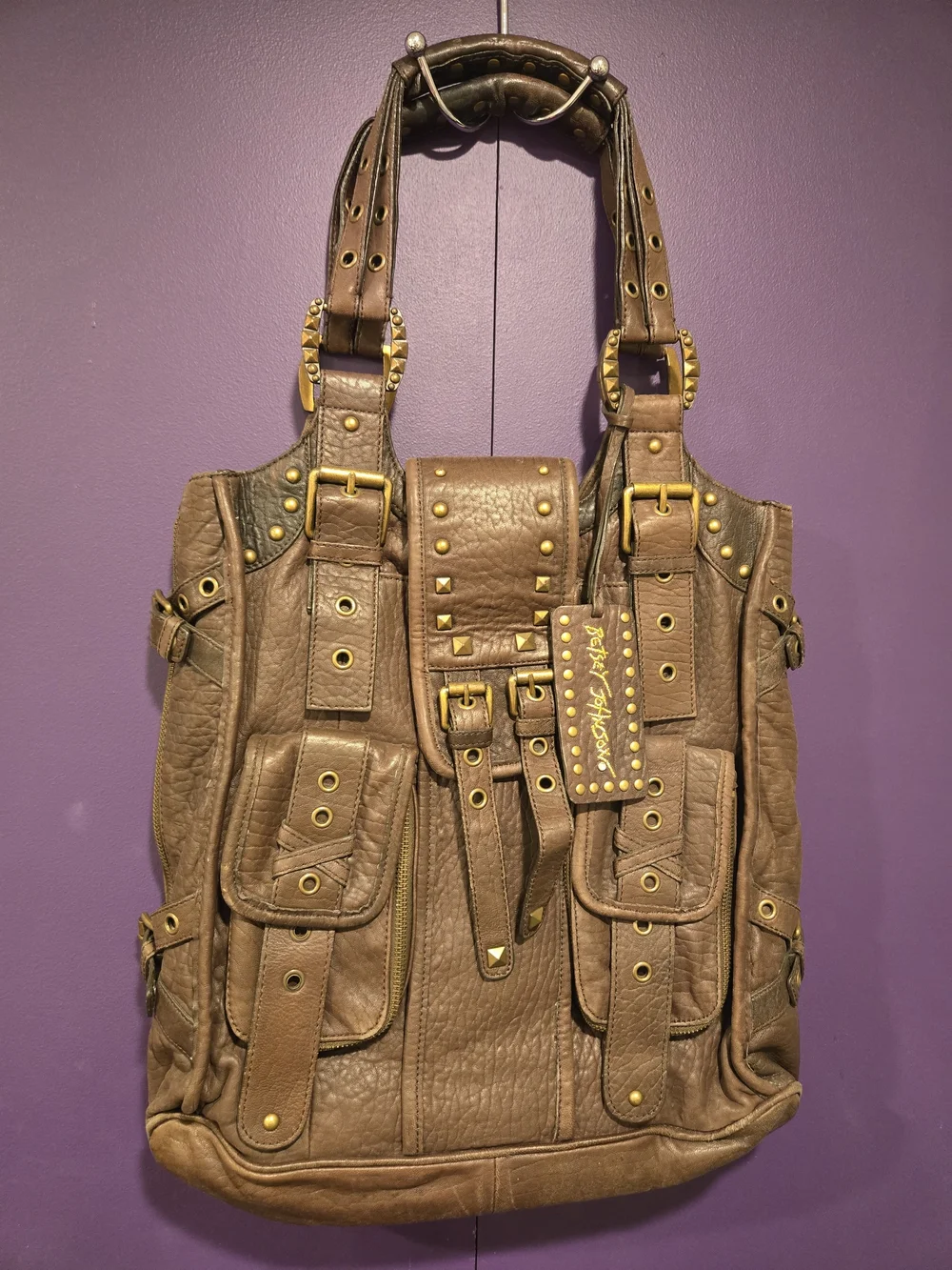 Betsey Johnson Brown Stud-Embellished Leather Shoulder Bag